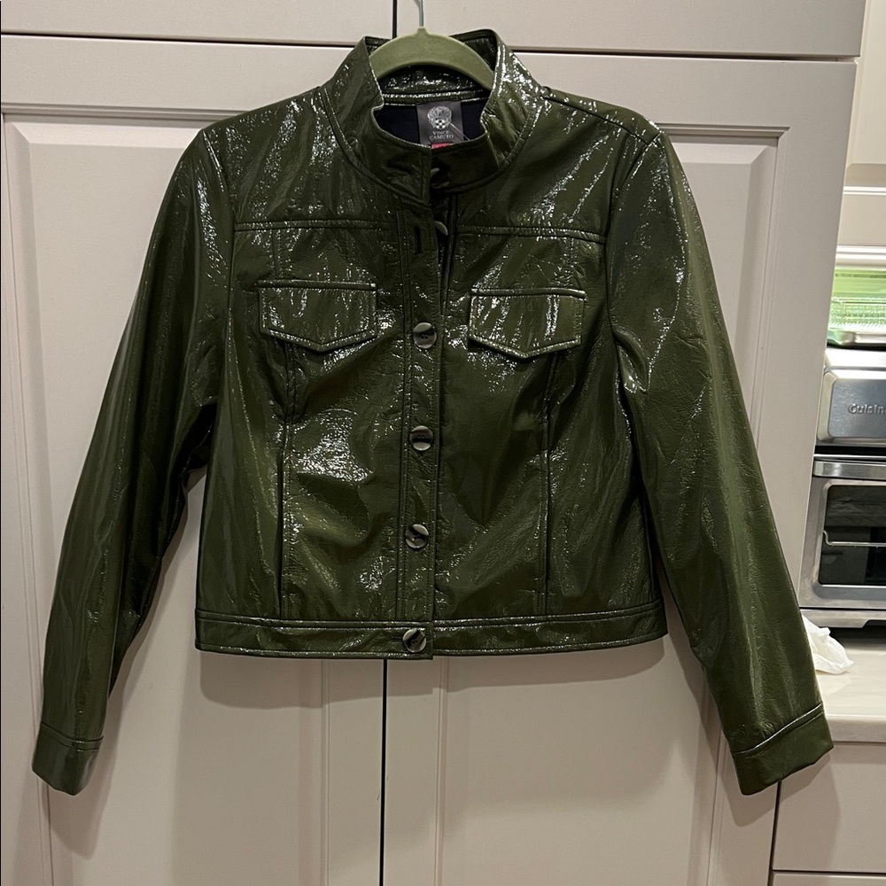 Vince Camuto, new Olive Patent Trucker Jacket Small